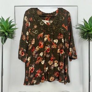 Tantrums Olive Floral Blouse with Lace Detail